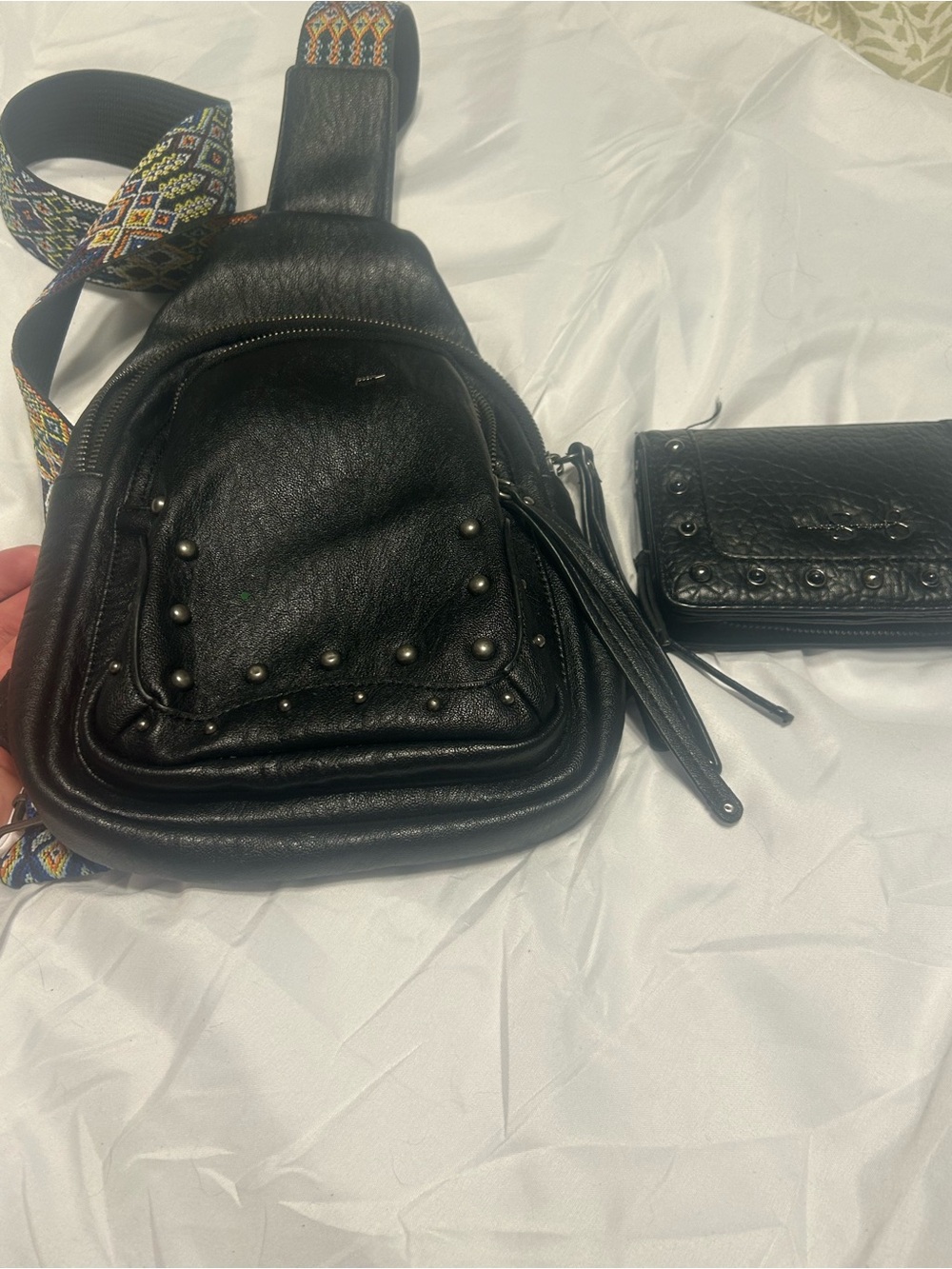 Jessica Simpson Black Studded Crossbody with Embroidered Strap